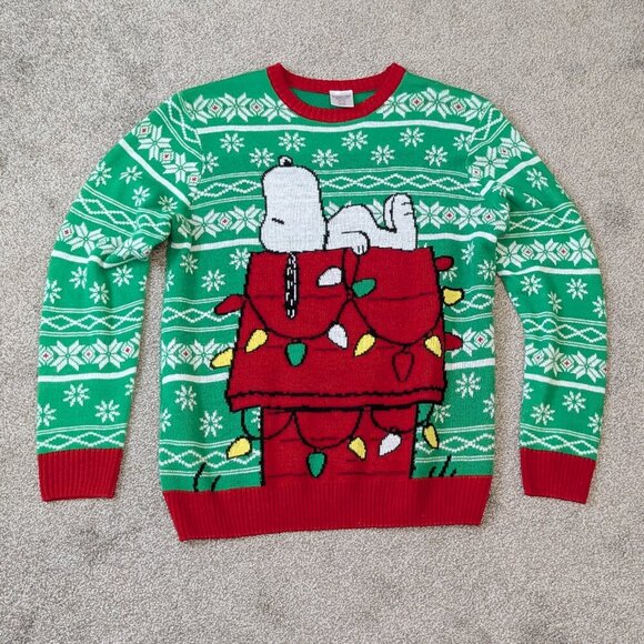 PEANUTS WORLDWIDE Green/Red Snoopy Christmas Holiday Pullover Sweater; Size XL - Picture 1 of 4